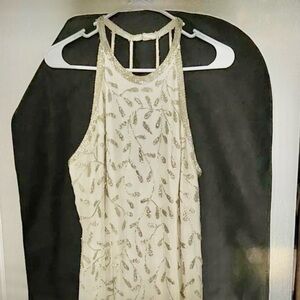 Laurence Kazar Cream Beaded Halter Evening Dress